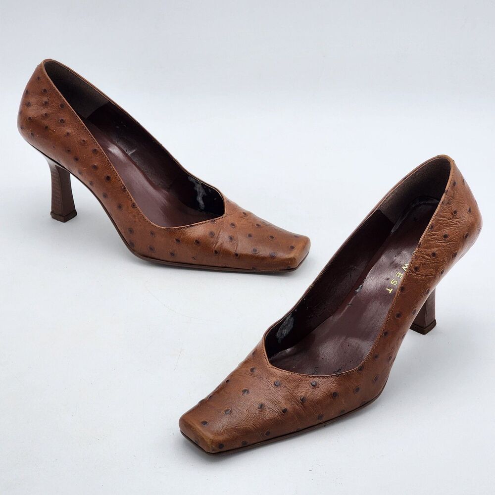 Nine West Y2K Baddie Ostrich Embossed Leather Square Toe Pump Heel Size 8.5 RARE